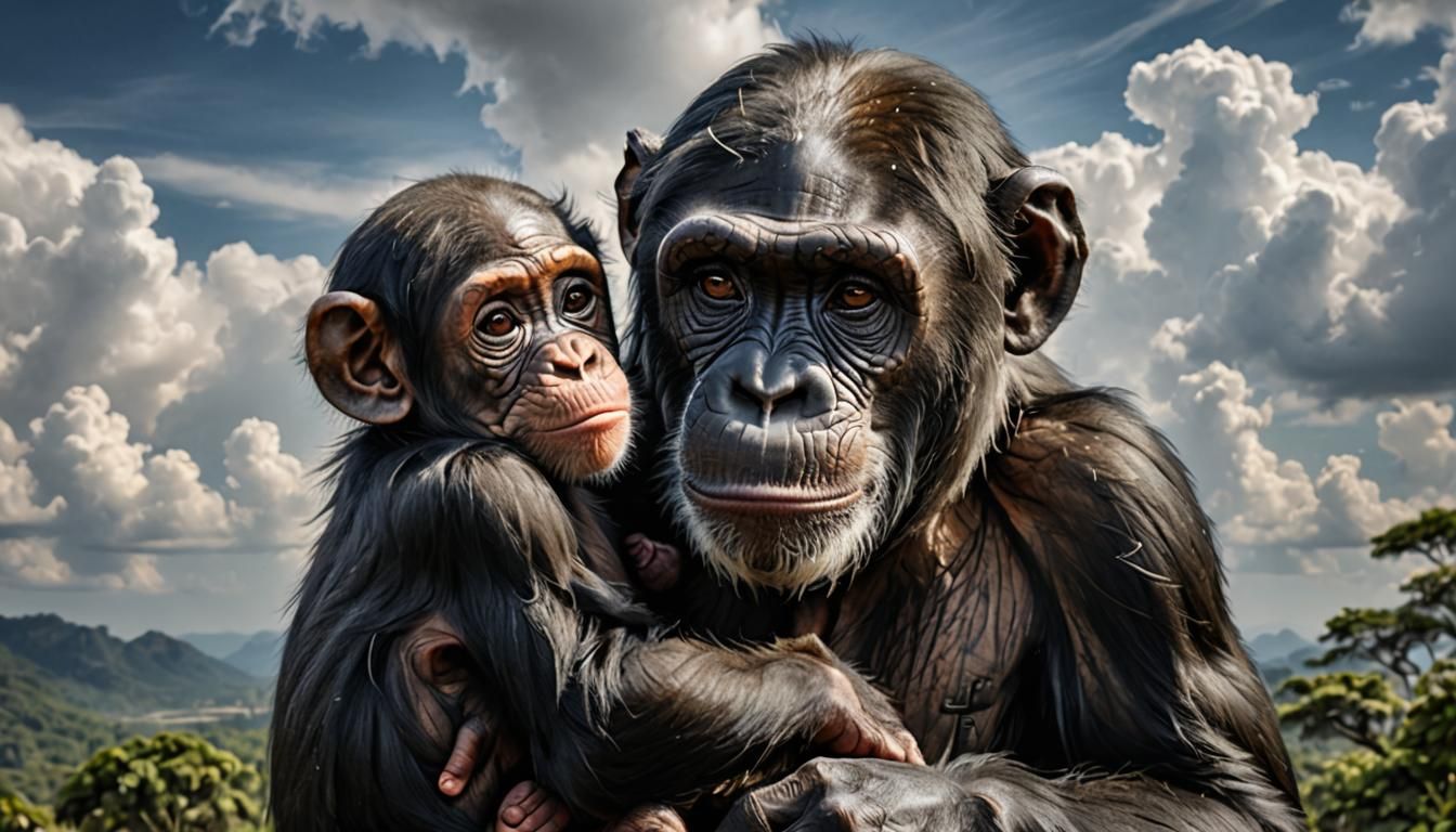Chimpanzee Mother and Baby: A Hyperrealistic Portrait