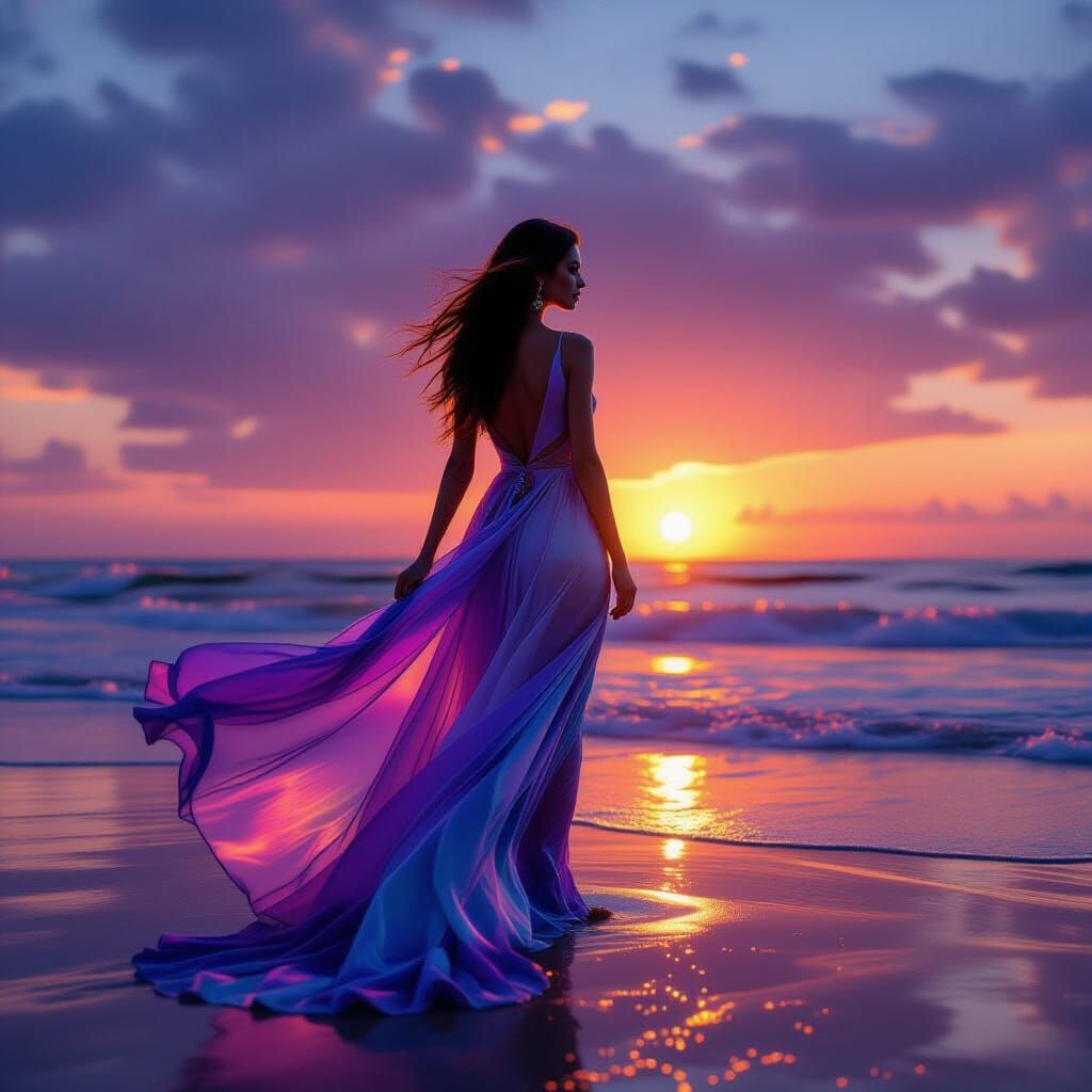 Iridescent Dress Silhouette at Sunset Beach