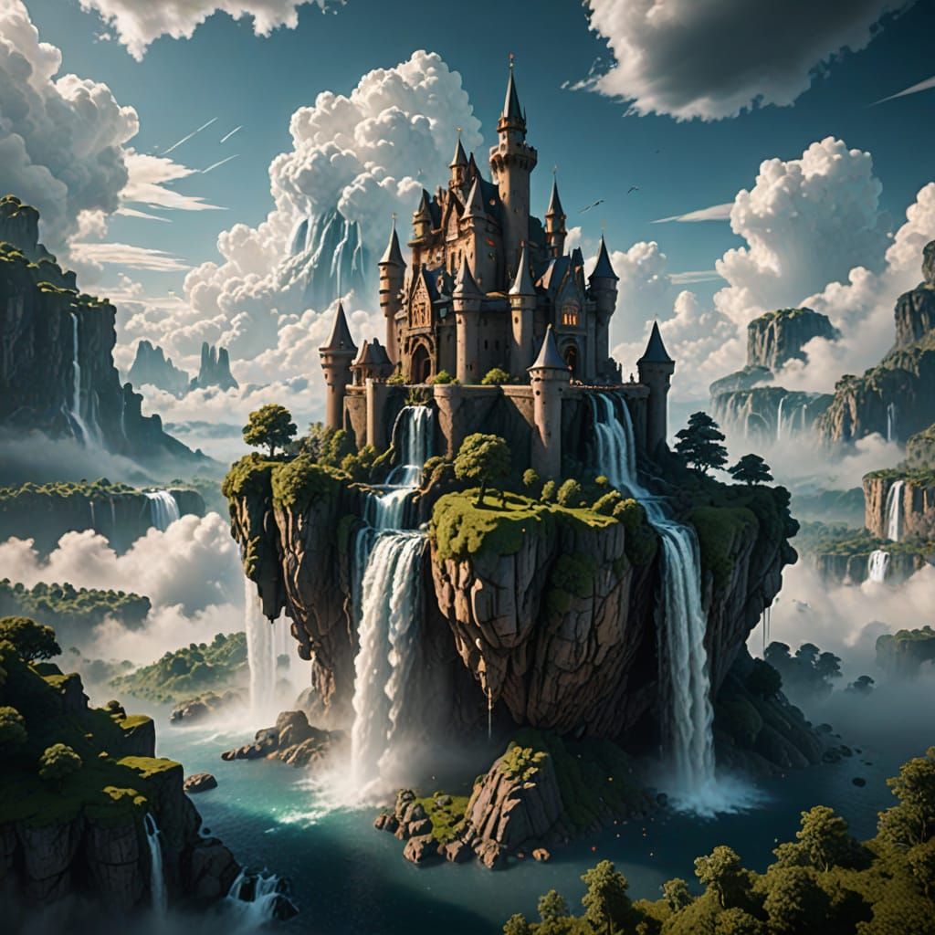 Majestic Floating Castle with Cascading Waterfalls in Cinema...