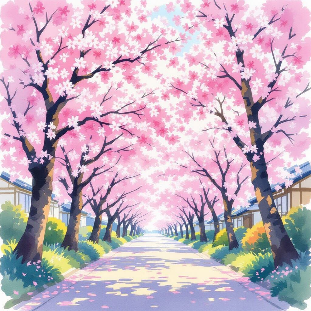 Vibrant Cherry Blossoms in Japan as Watercolor Painting