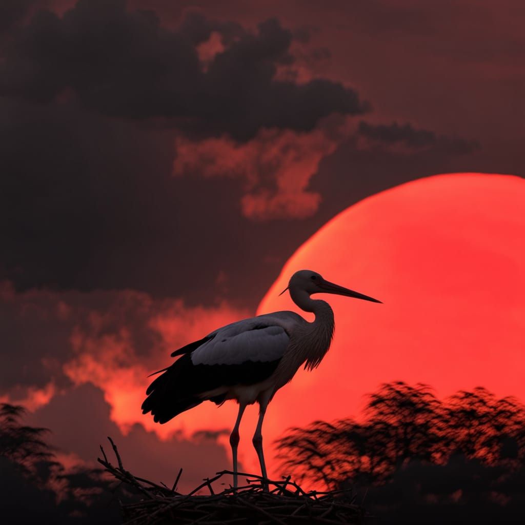 Stork Silhouette Against Vibrant Sunset