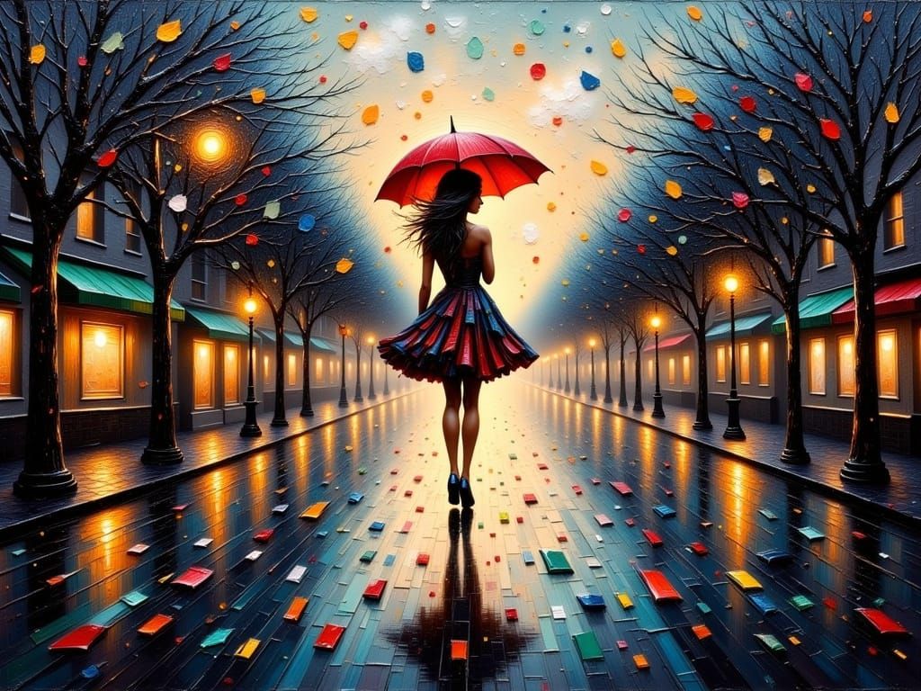 Moody City Night Scene in Impasto Style