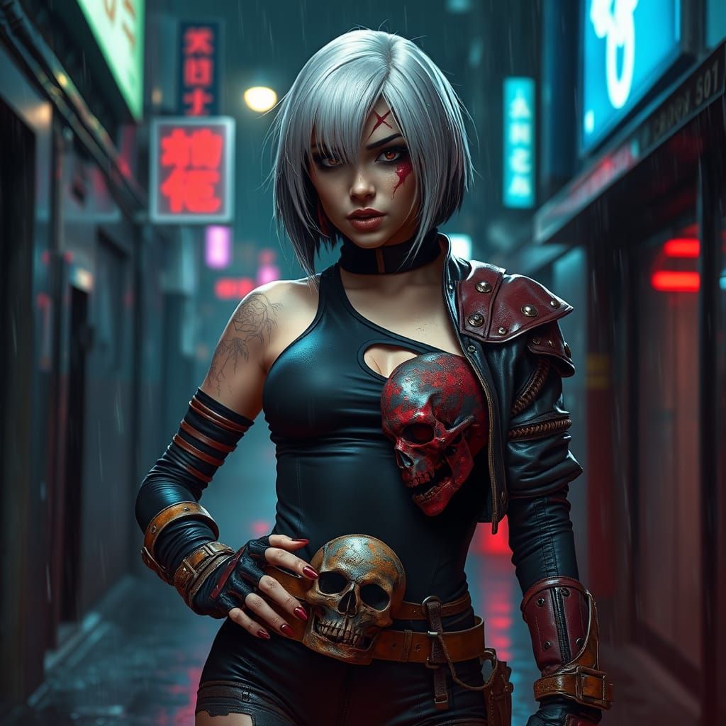 Cyberpunk Warrior in Rain-Slicked Alley