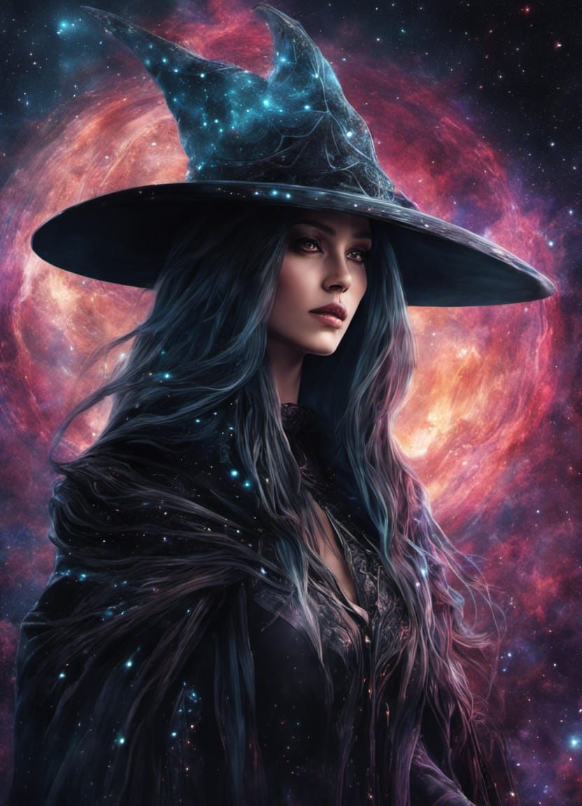 Gothic Space Witch Silhouette in Cosmic Nebula