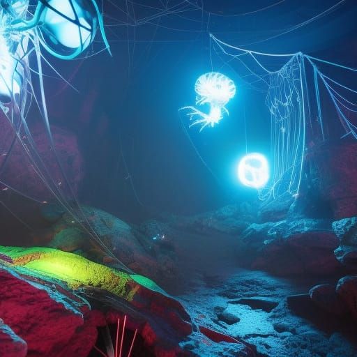 Biopunk Spider on Alien Planet in Neon Cave