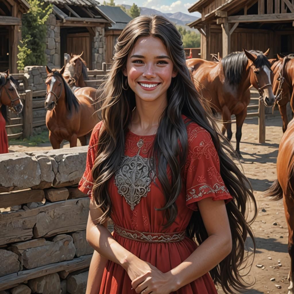 Girl in Red Dress at Horse Corral