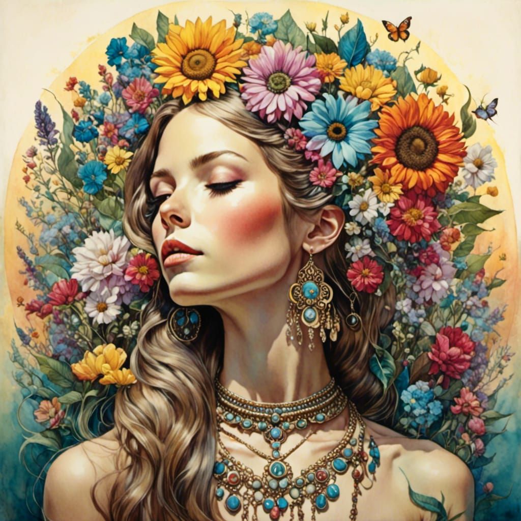 Bohemian Beauty Meditating in Retro Hand-Drawn Style