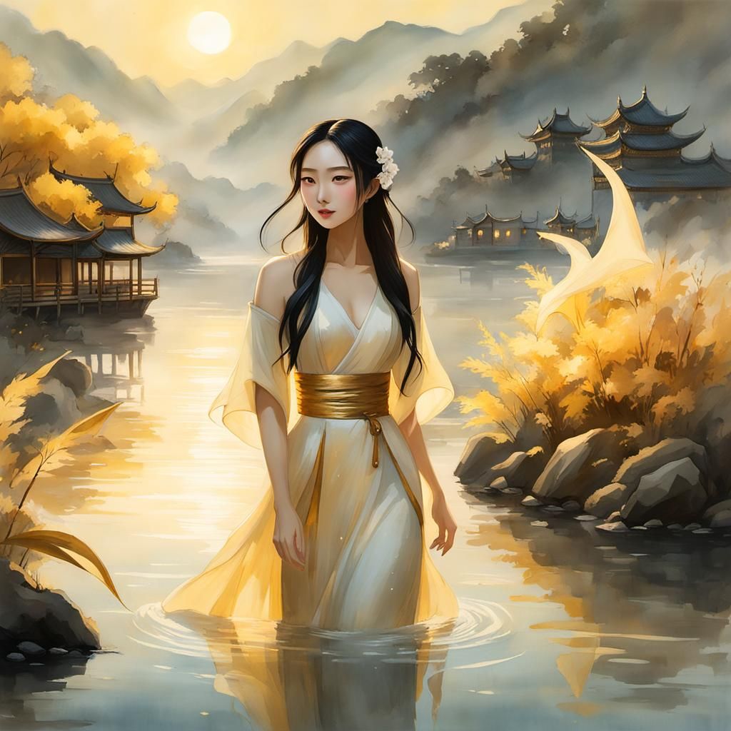 Water Demon Girl in Chinese Ink Painting Style