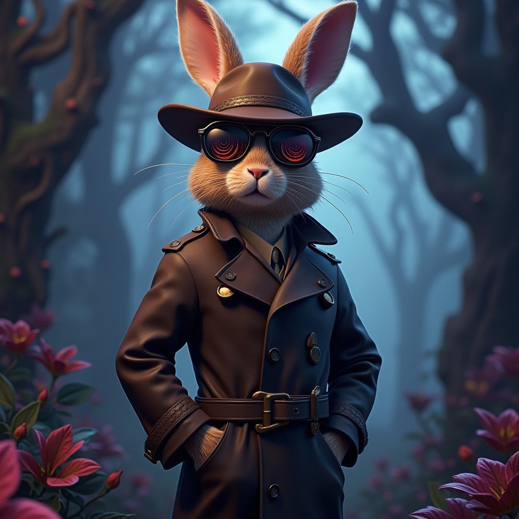 Rabbit Avatar in Trench Coat, Fantasy Art Style