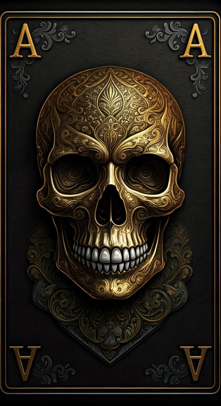 Pixelated Metallic Ace Playing Card with Ornate Skull Symbol