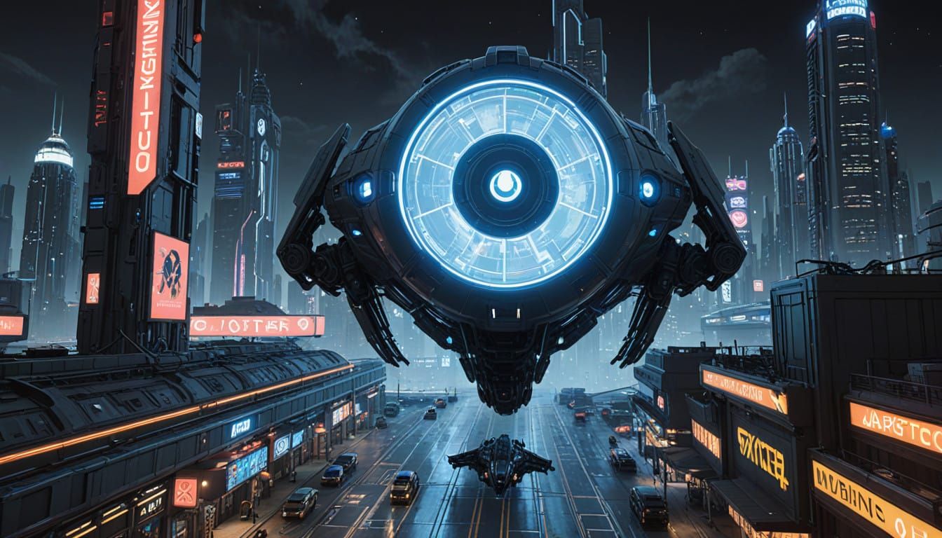 Sleek Metallic Blue Spacecraft Lands on Cyberpunk Planet
