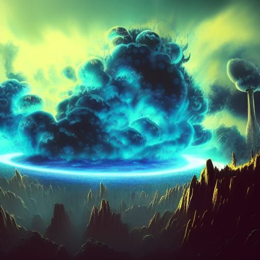 Blue Nuclear Blast Over Ruined Earth