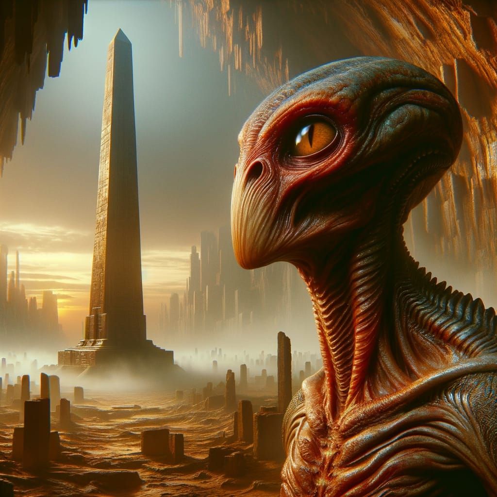 Sci-Fi Alien Gazing at Obelisk in Ruined City