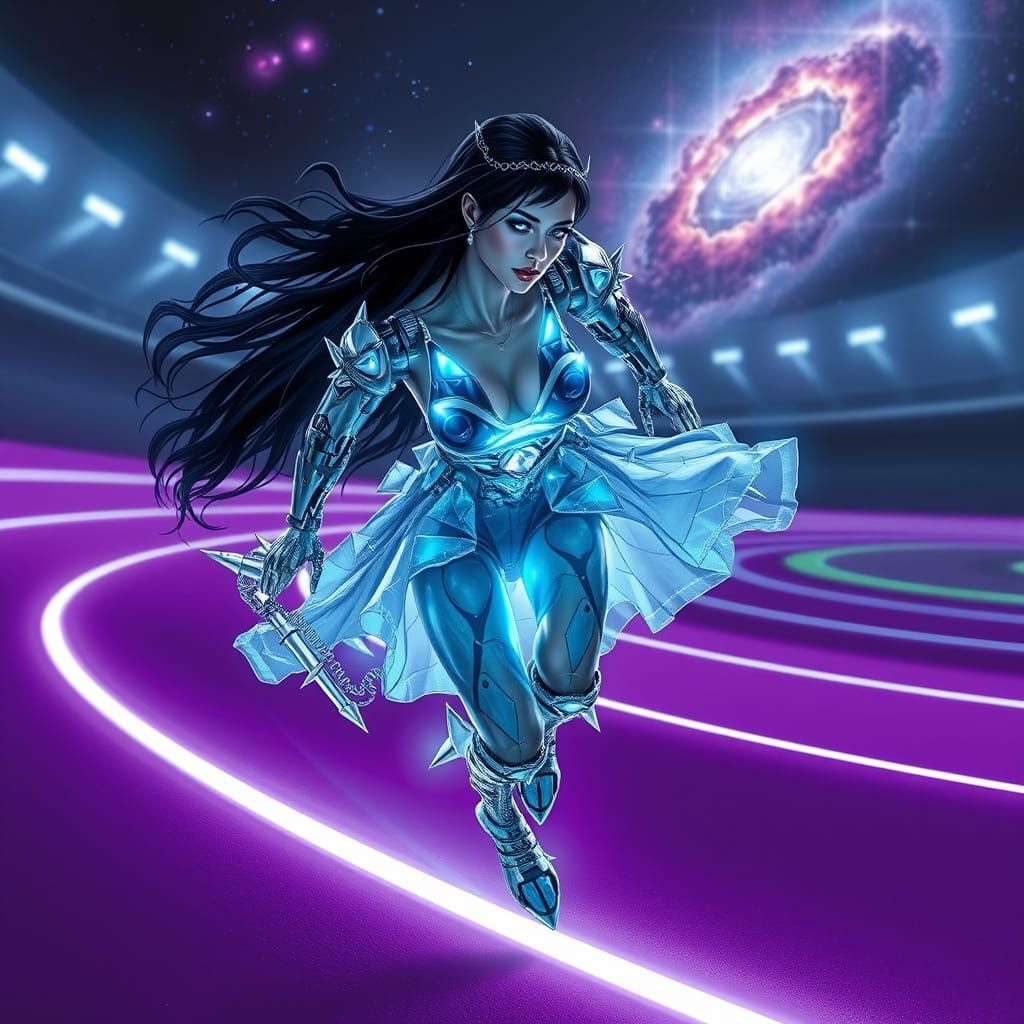 Biomechanical Woman in Neon Dress on Nebula Track