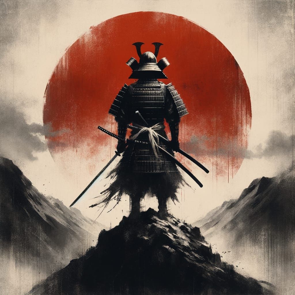 Lone Samurai Facing Fiery Horizon in Mixed Media Style