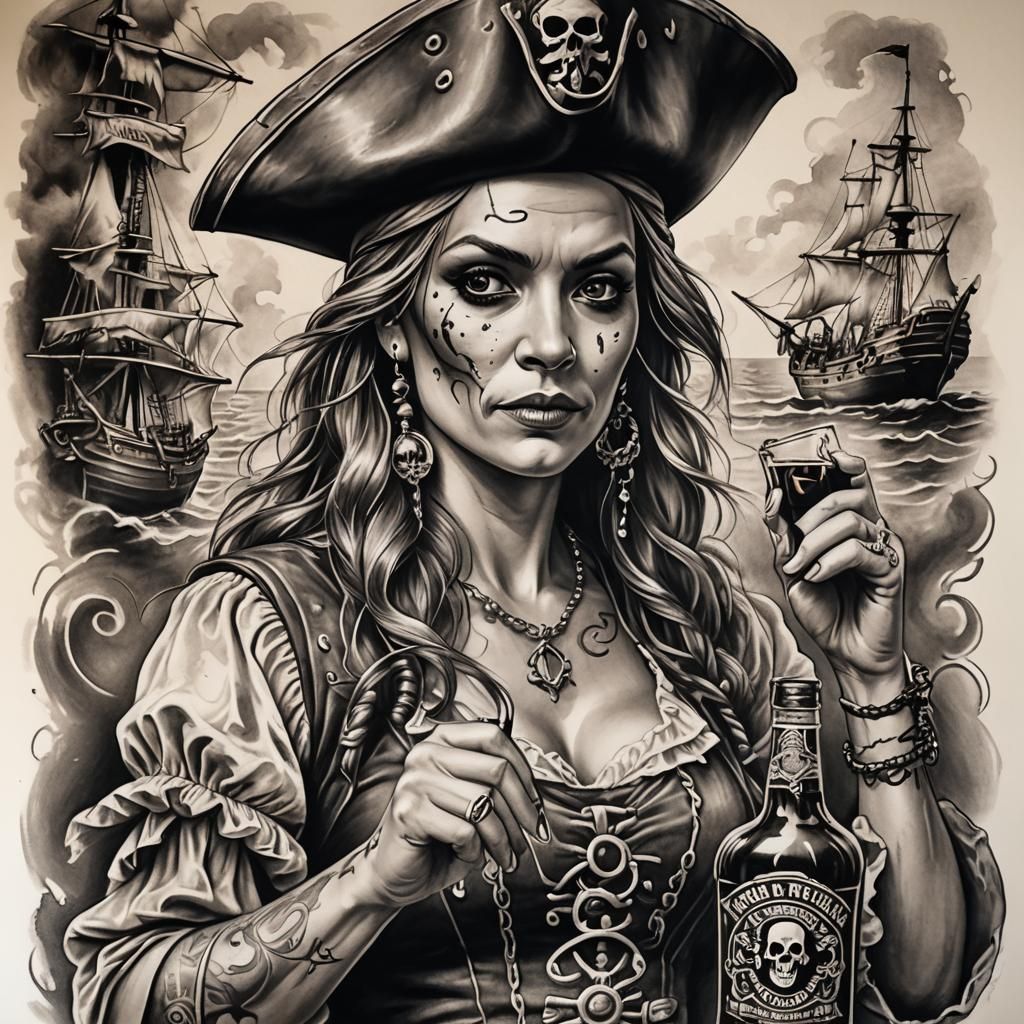 Pirate Wench Tattoo Stencil in Charcoal