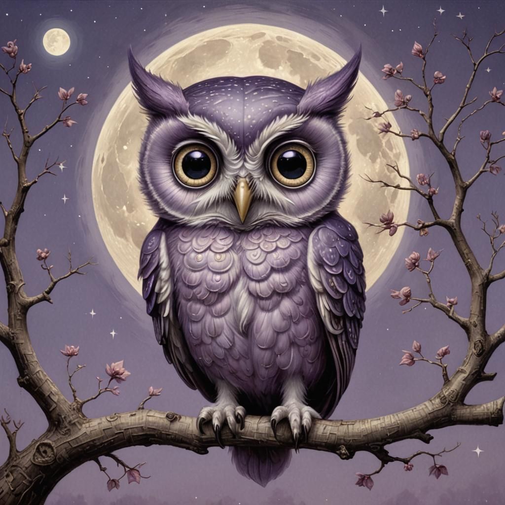 Purple Owl with Luminous Eyes Before Silvery Moon