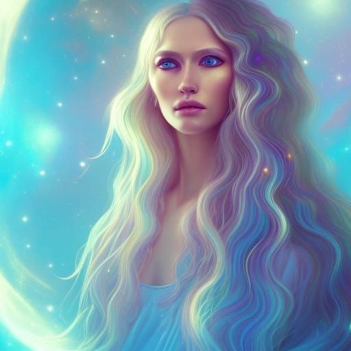 Surreal Goddess with Iridescent Hair and Turquoise Eyes