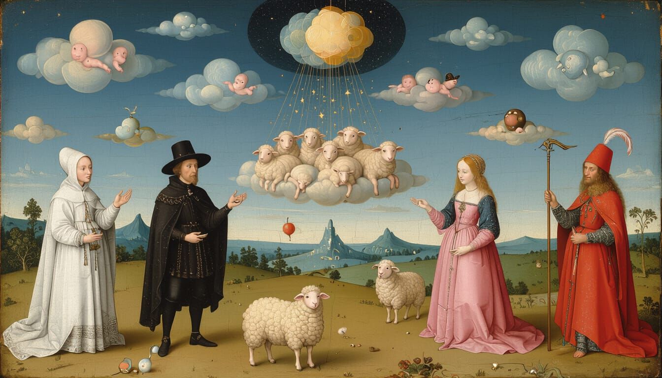 Surreal Dreamscape With Fragmented Figures and Clouds