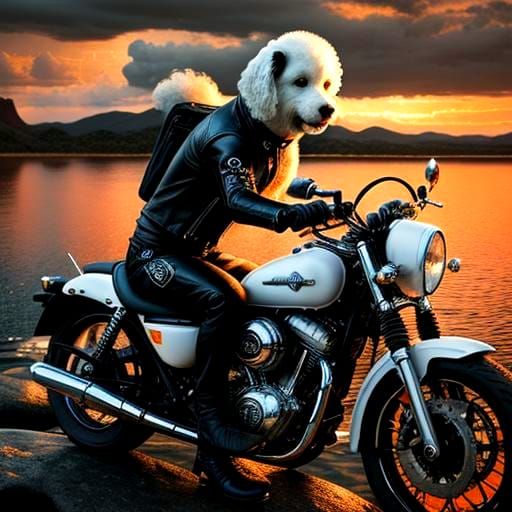 Poodle on Motorcycle at Sunset in Hyperrealistic Style