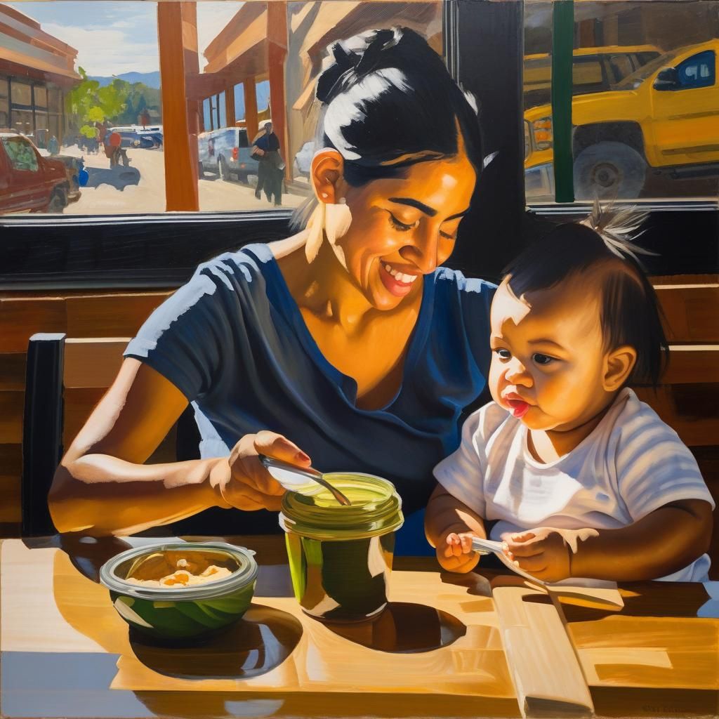 Salvadoran Woman Feeding Toddler: Oil Painting on Wood
