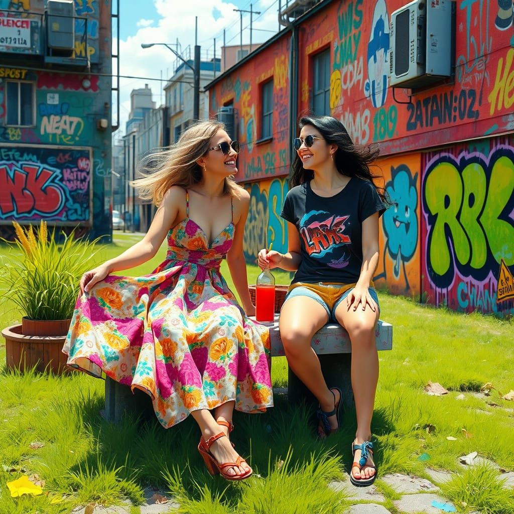 Vibrant Urban Picnic Scene with Dynamic Brushstrokes