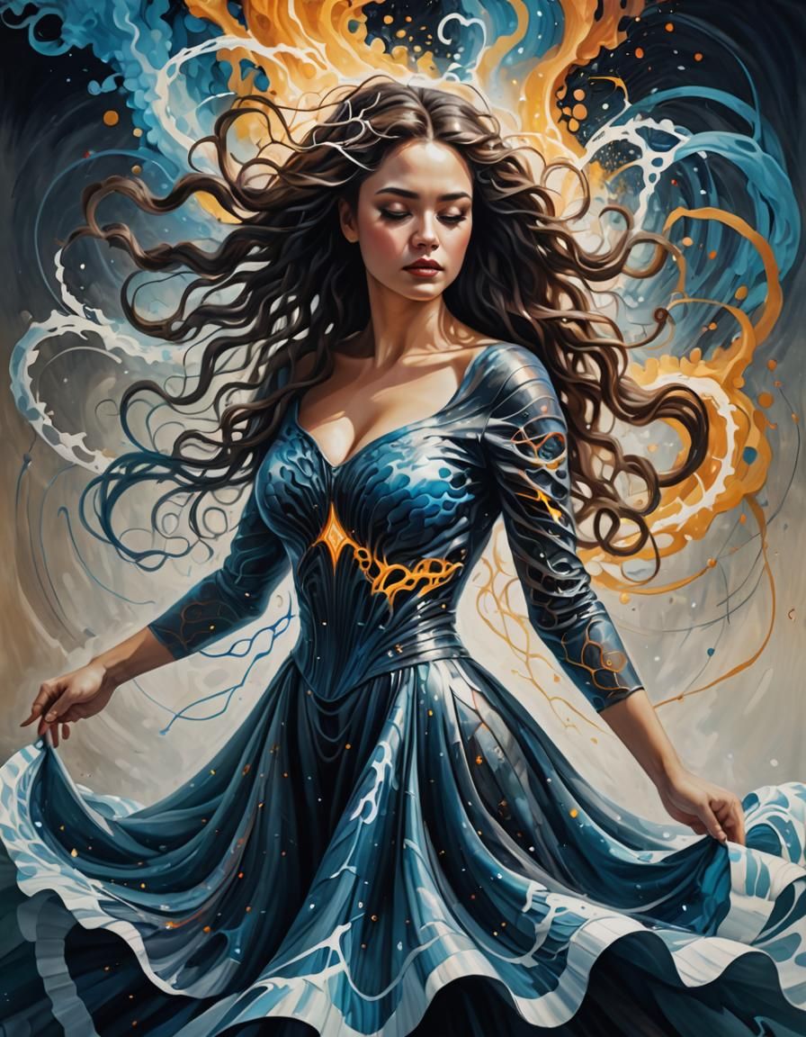 Curvy Woman in Pulse Wave Dress: Digital Oil Painting