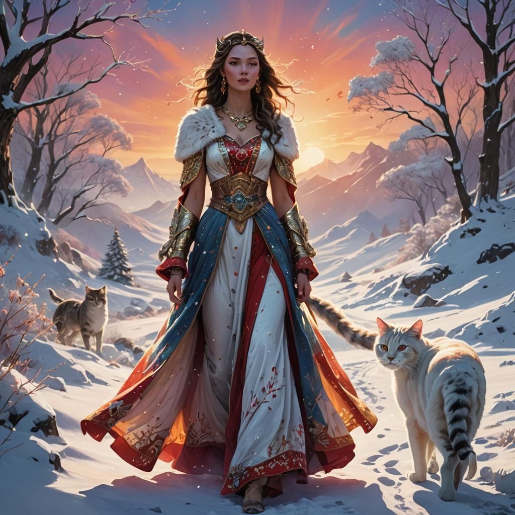 Goddess Walking in Snowy Landscape as Matte Painting