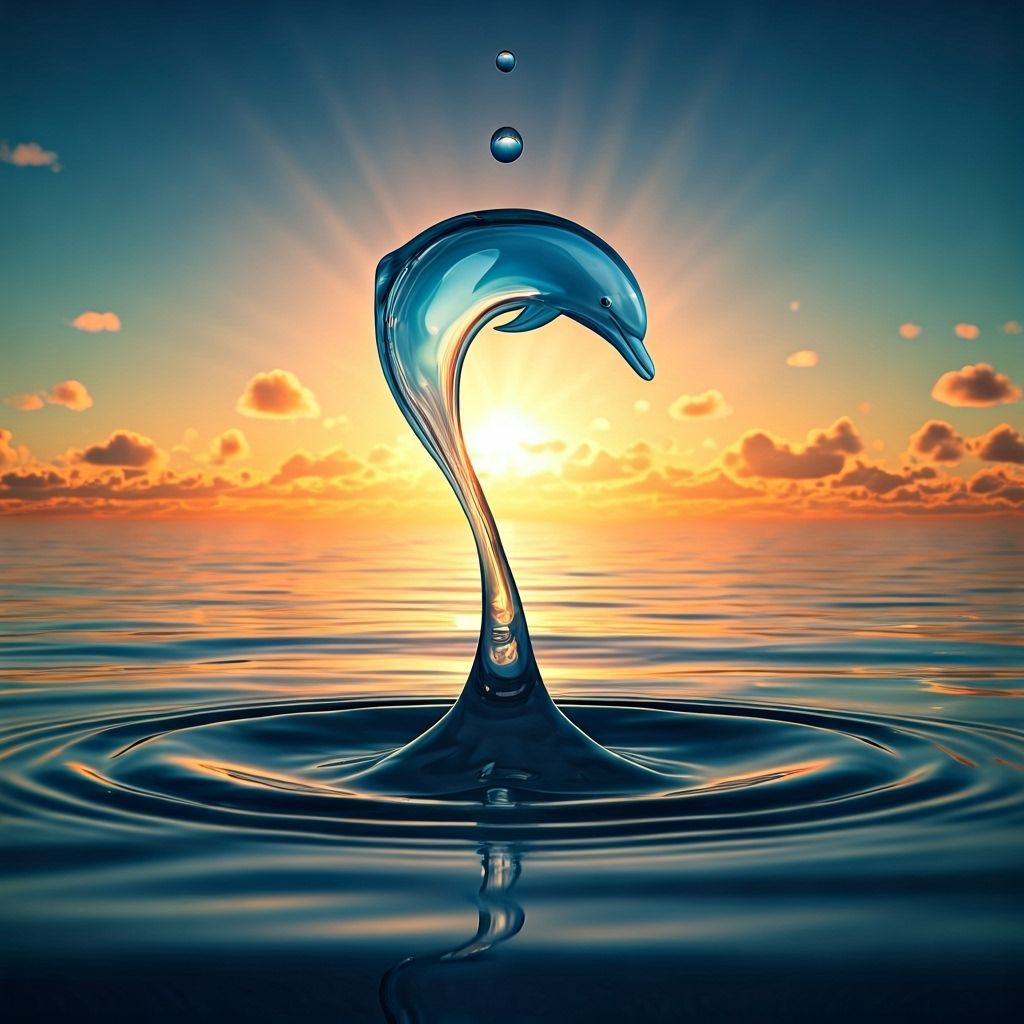 Transparent Dolphin Formed From Water Splash At Sunset