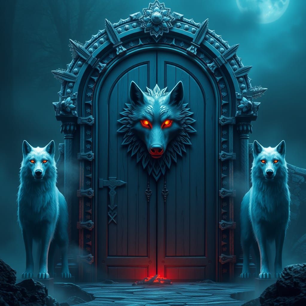 Mystical Door with Wolf Guardians in Digital Art Style