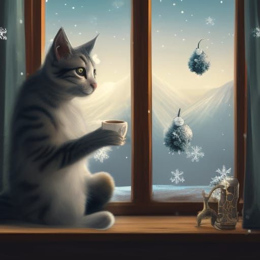 Cat at Window with Winter View