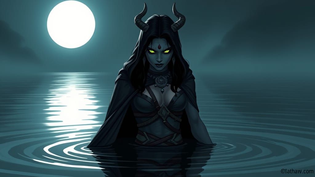 Menacing Indian Witch in Moonlit Pond, Digital Illustration