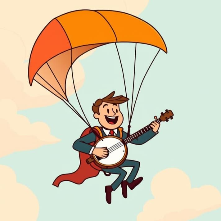 A Cartoon Man Parachutes with Banjo in Hand