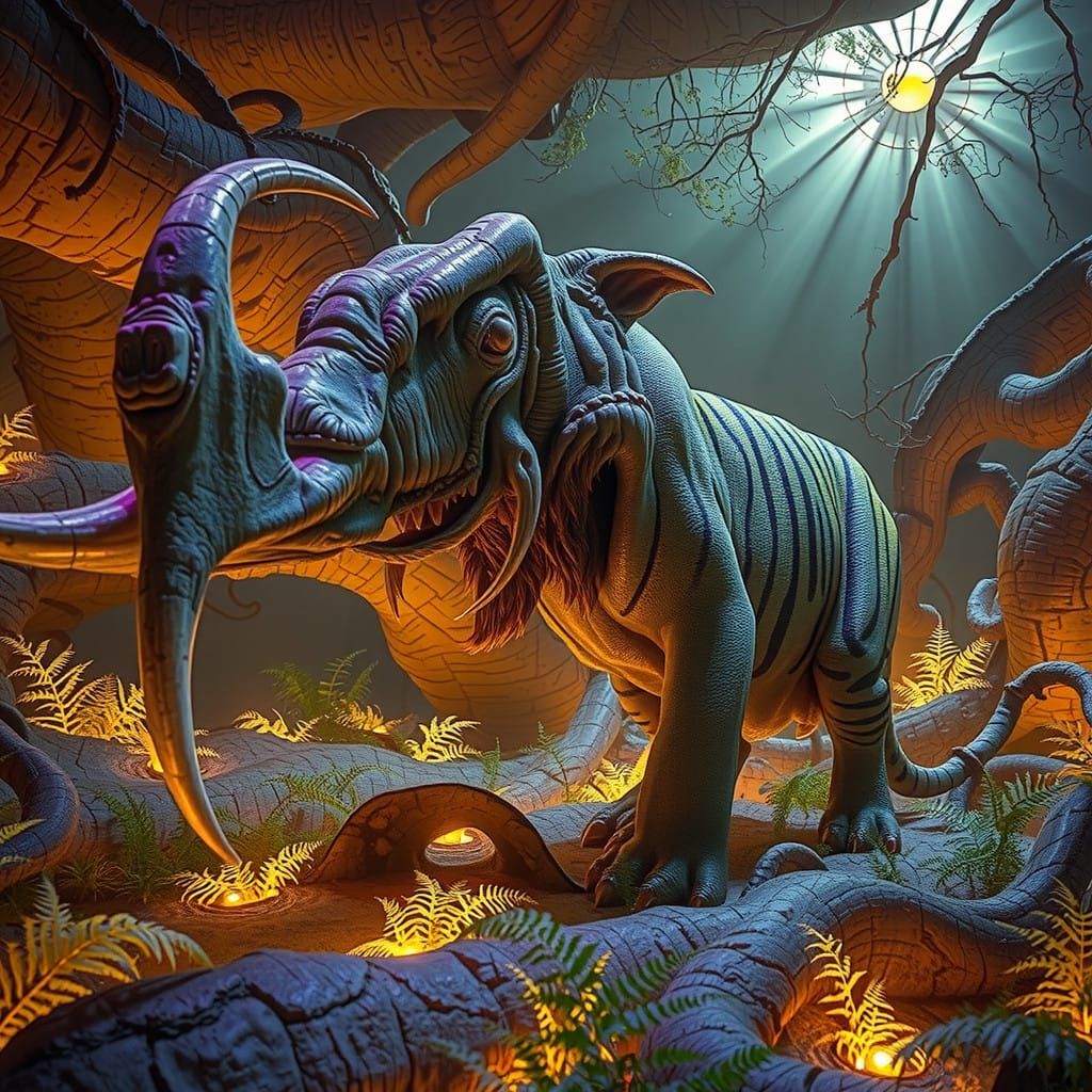 Surreal Primordial Scene: Saber-Toothed Tiger in Moonlit Dio...