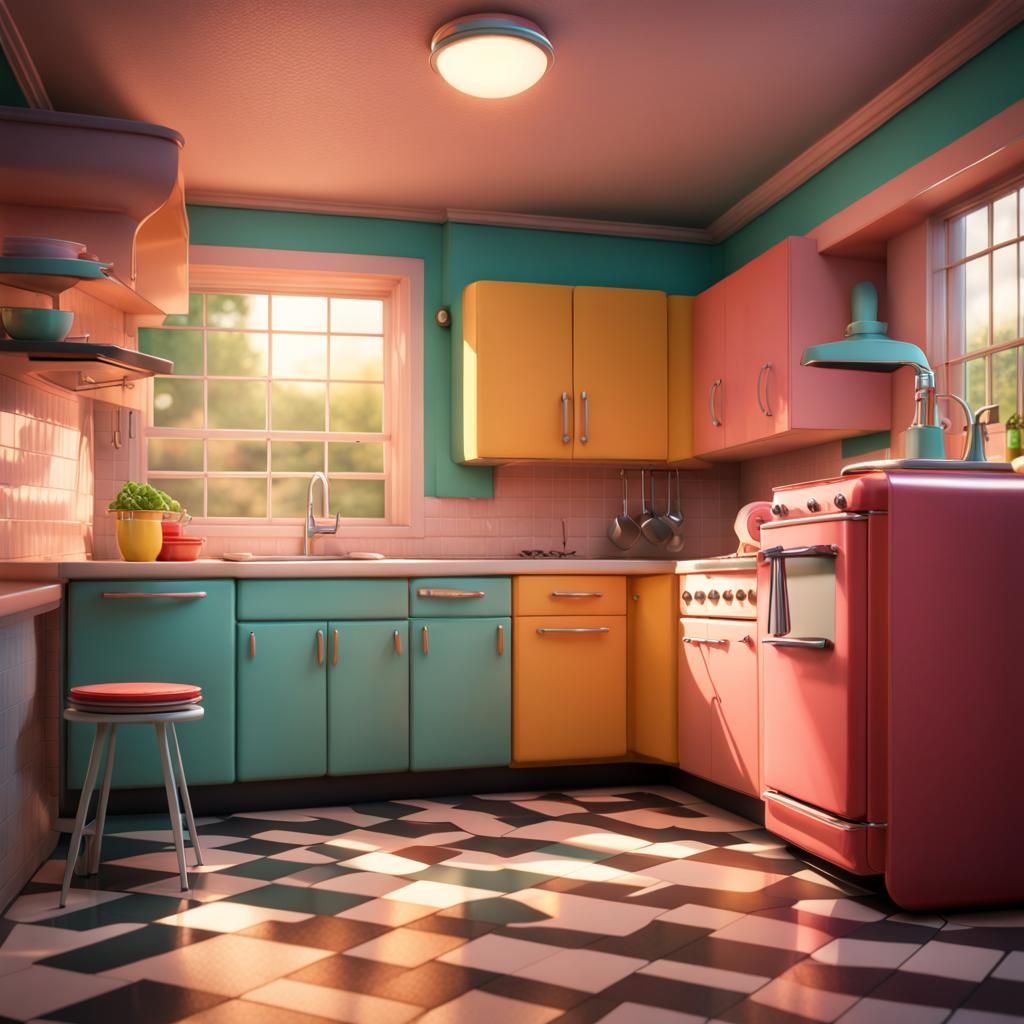 Vibrant 1950s Kitchen in 3D Digital Art