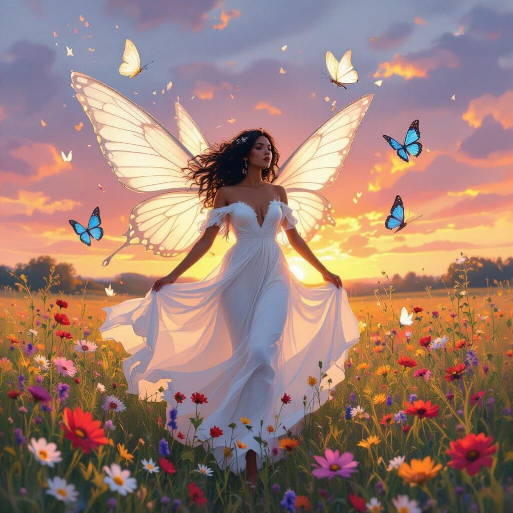 Woman with Butterfly Wings in Wildflower Field