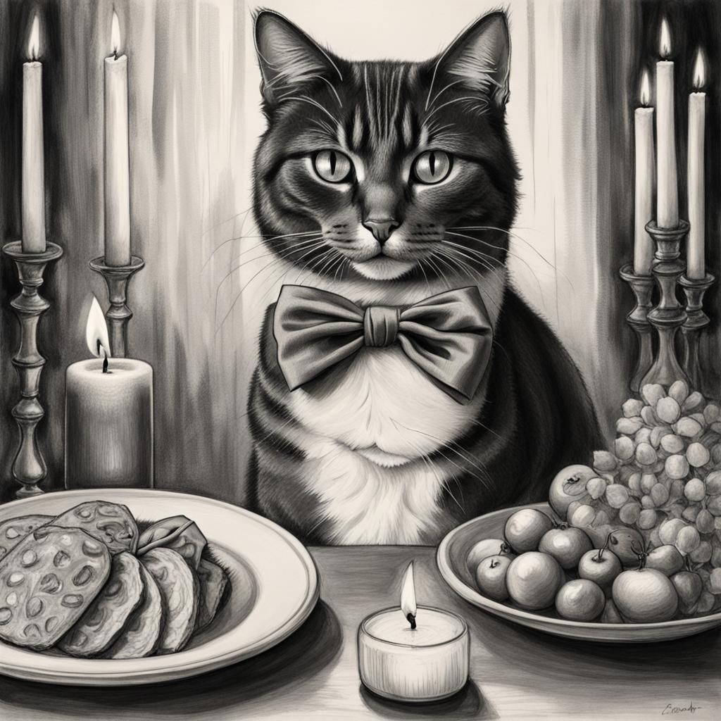 Hyperdetailed Charcoal Drawing: Cat with Bow Tie