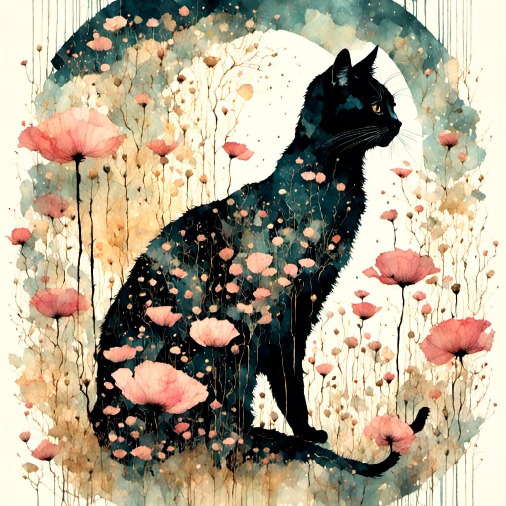 Cat Silhouette with Poppies in Watercolor Style