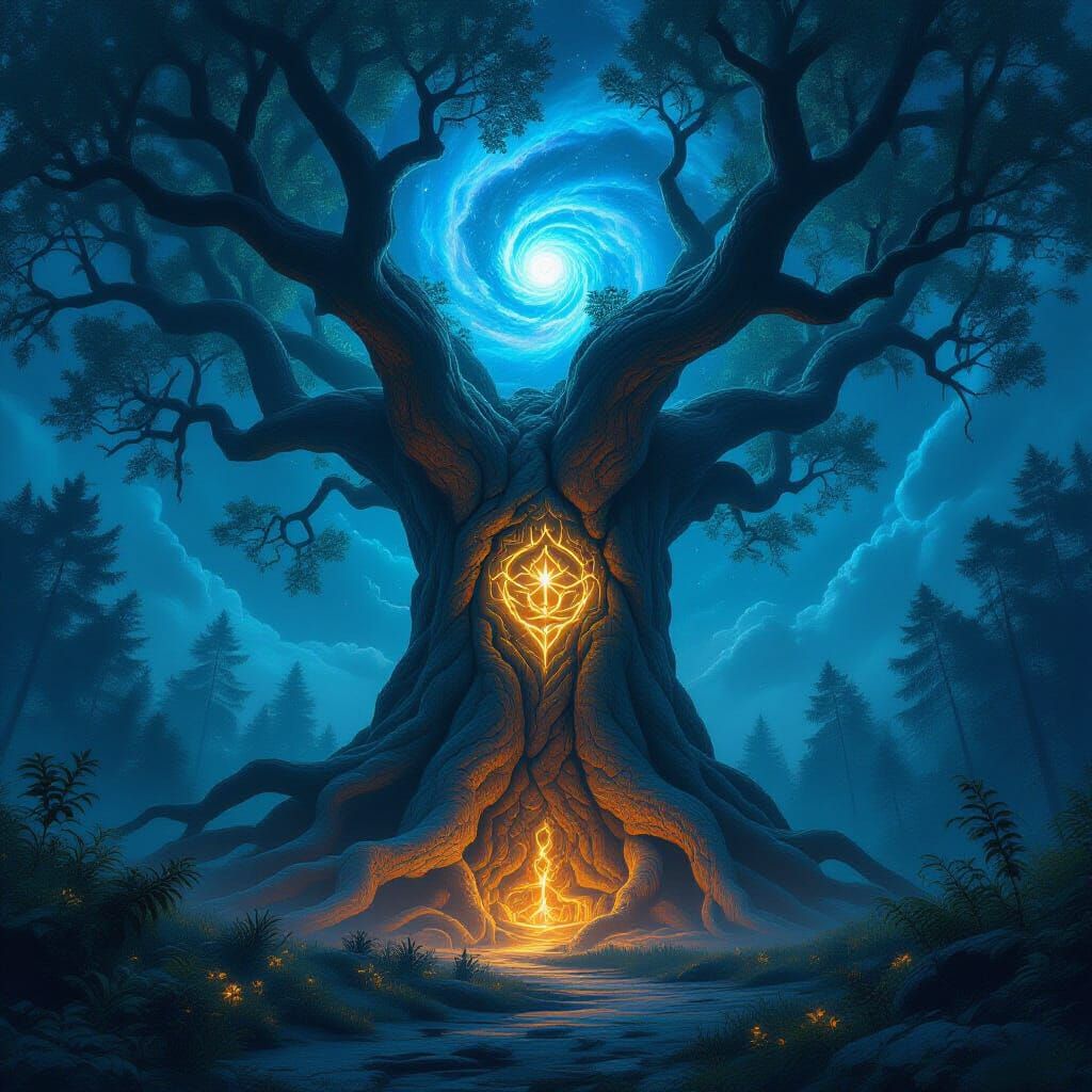 Ancient Tree with Arcane Symbols in Ethereal Forest