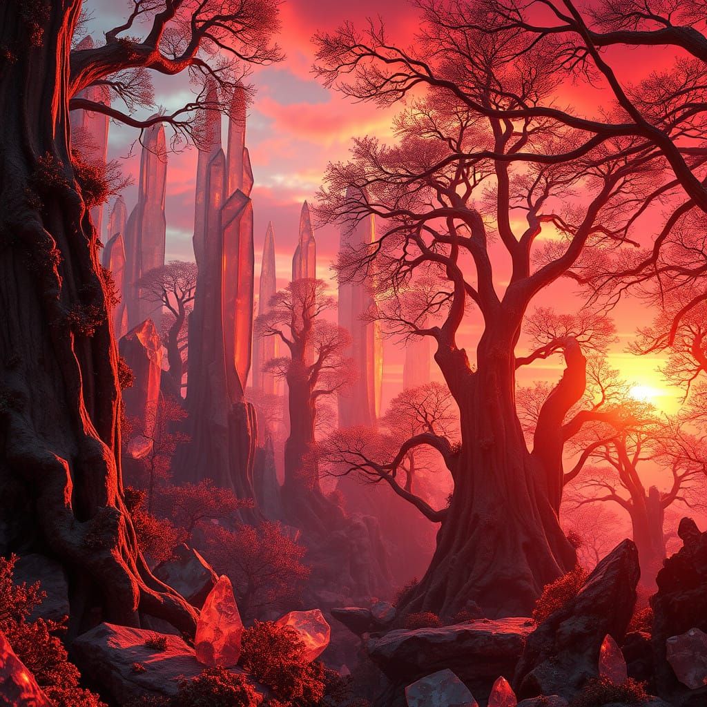 Mystical Topaz Forest Glows in Garnet Red Sunset