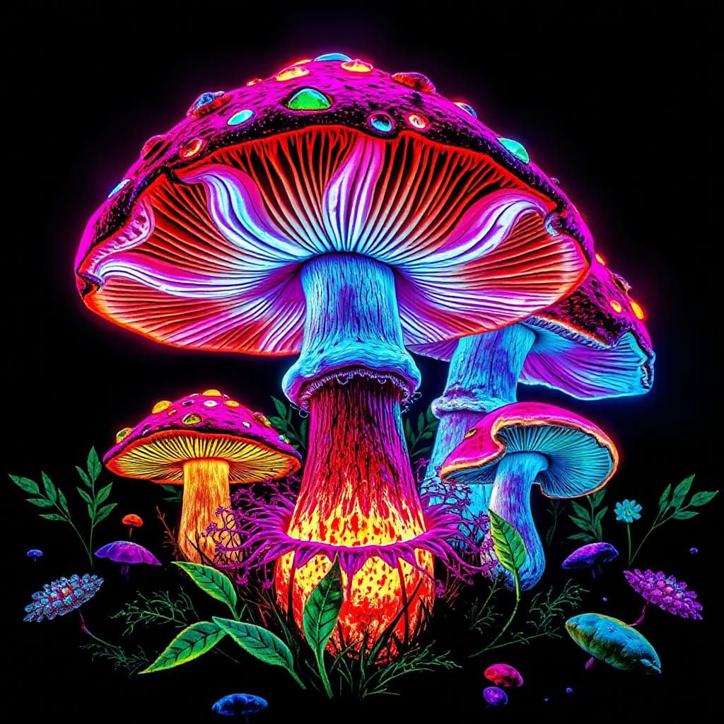 Psychedelic Neon Mushrooms in Black Light Poster Style