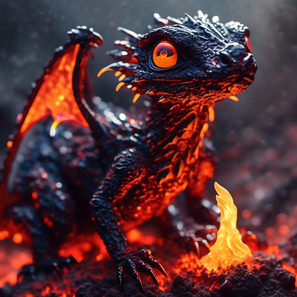 Ember Dragon Hatchling in Lava: Close-Up Microportrait