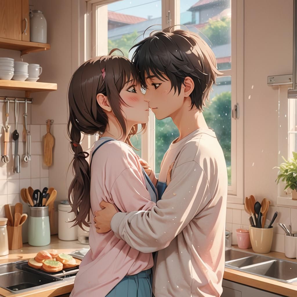 Anime Girl and Boy Embrace in Kitchen, Soft Light