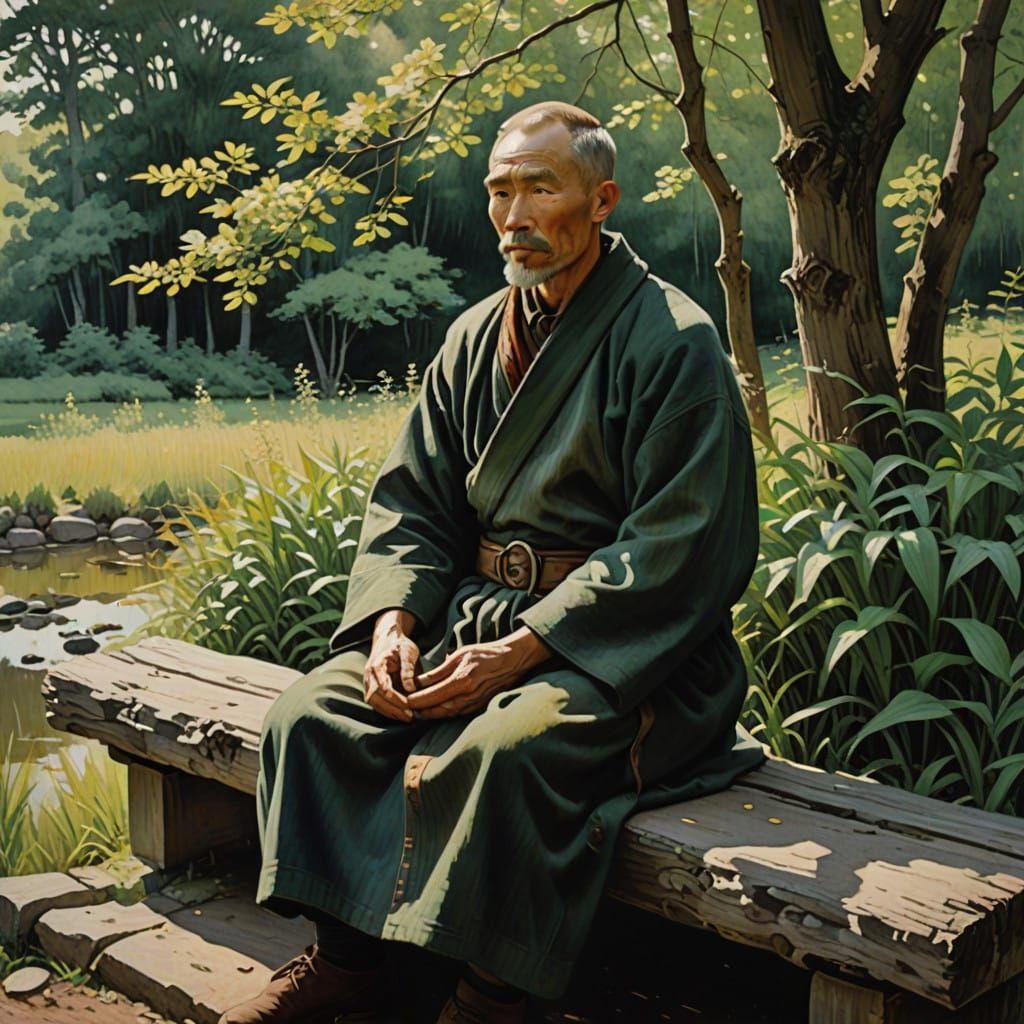 Serene Monk in Earth-Toned Robes Contemplates Nature