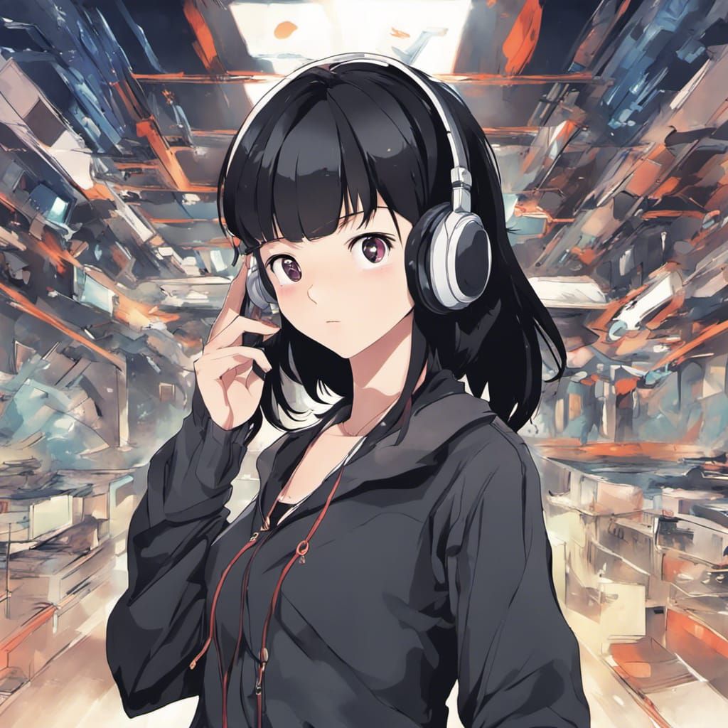 Anime Girl Listening to Music in Manga Style