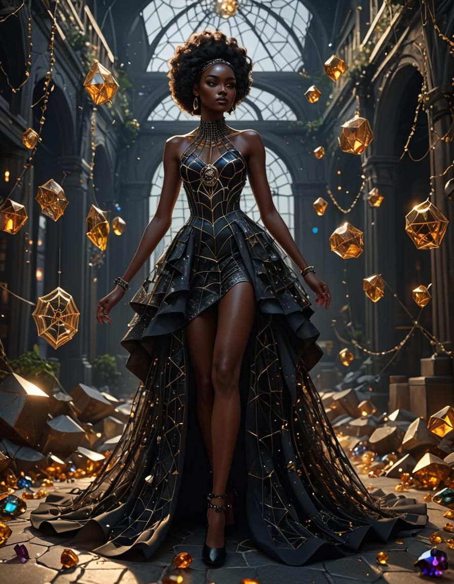 Elegant Spiderweb Dress for Black Woman, Digital Art