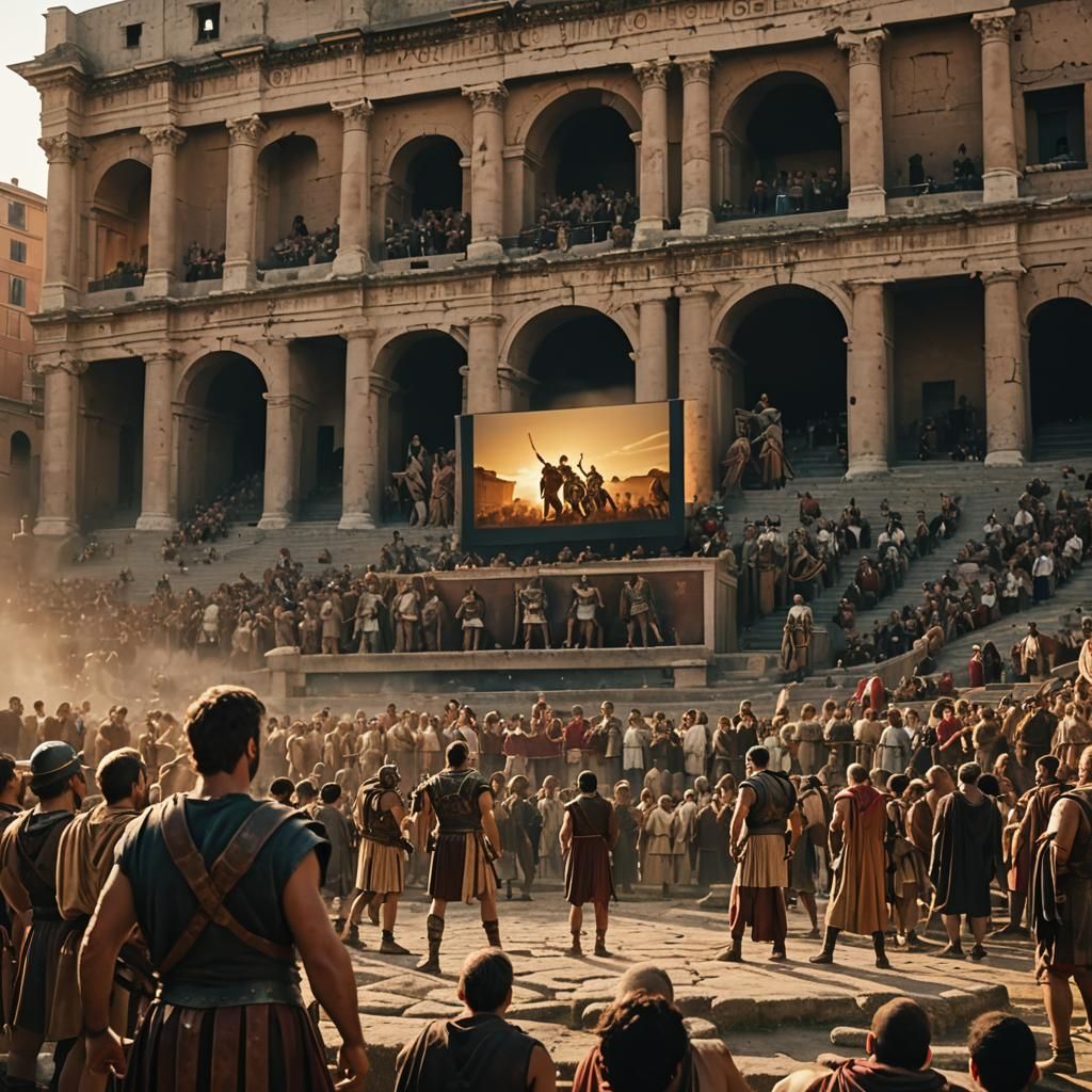 Romans Watch Gladiators at Colosseum: Cinematic Film Still