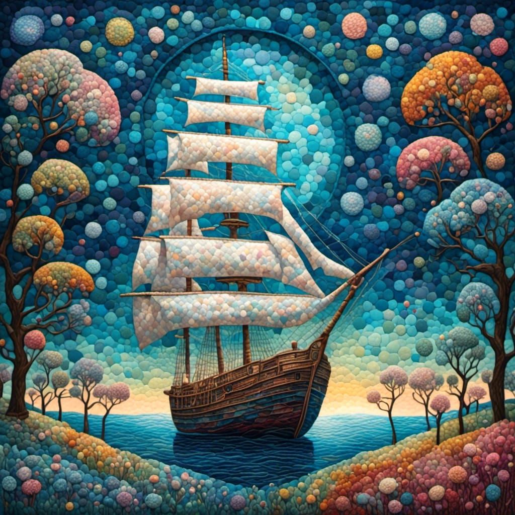 Sailing Ship in Icy Waters, Gouache Impressionist Style