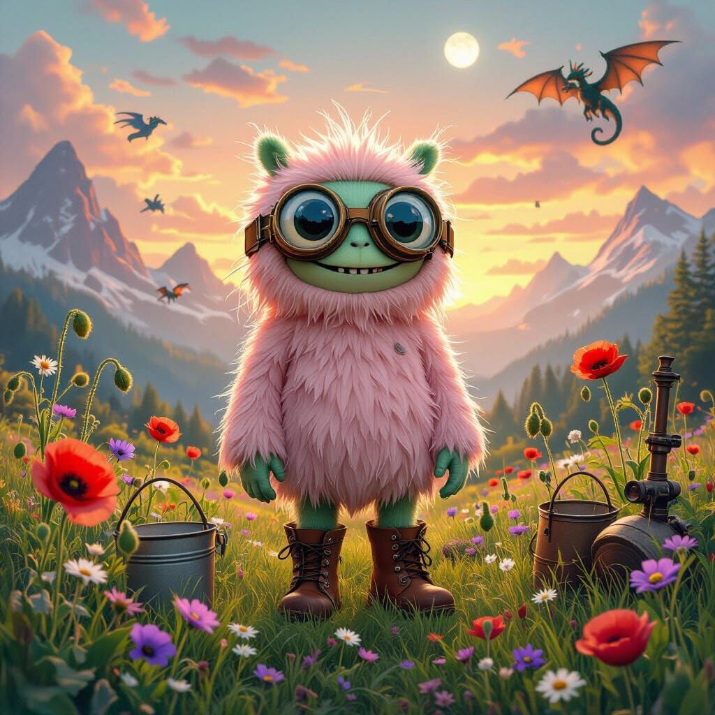 Steampunk Creature in Poppy Meadow, Burtonesque Style