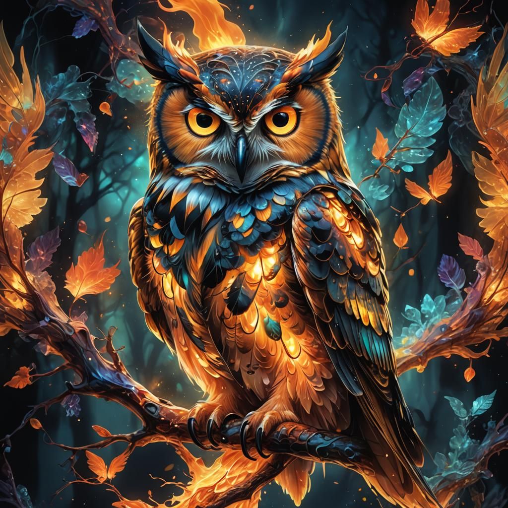 Glowing Translucent Owl with Fire Wings in Splash Art